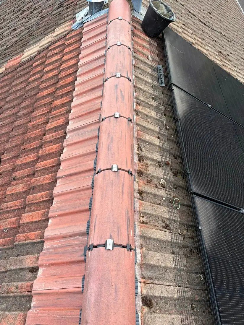 After: Moss and lichen cleared from a tiled roof and its ridge line